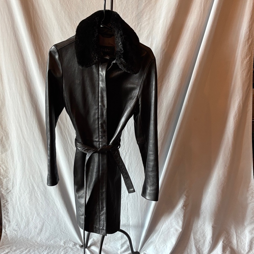 Nicole Miller Black Leather Trench Jacket with Faux Fur Collar